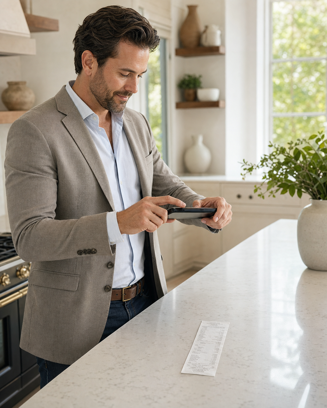 A real-estate agent photographing a paper receipt with his phone at a kitchen island